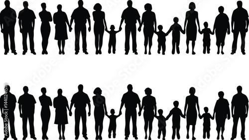 Diverse Group of People Silhouettes Families Standing Together in High Contrast Lineup