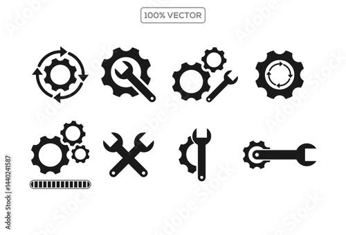 Upgrade, update, progress, process, development and improvement icon vector set. Containing startup, maintenance, repair, speed, setup, configuration