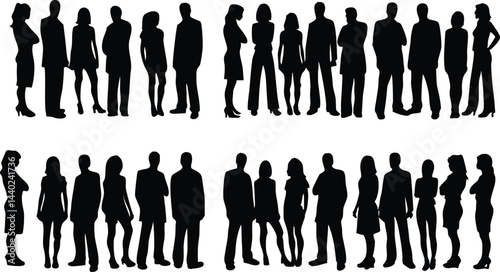 Diverse Group of People Silhouettes Black & White Lineup in Urban Social Scene