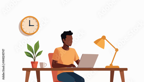 Focused black man working remotely at minimalist desk, productivity