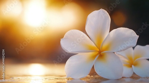   A pair of white blossoms atop a watery pool, bathed in sunlight