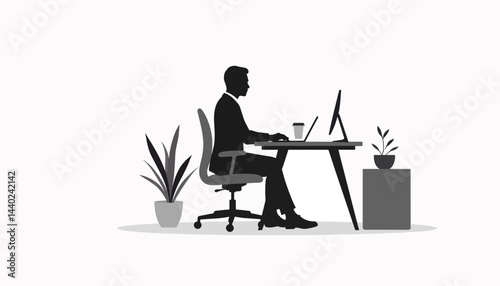 Focused businessman working at desk with plants, modern workspace
