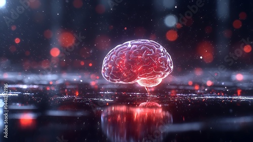 Glowing Human Brain on a Reflective Surface in Futuristic Abstract Scene