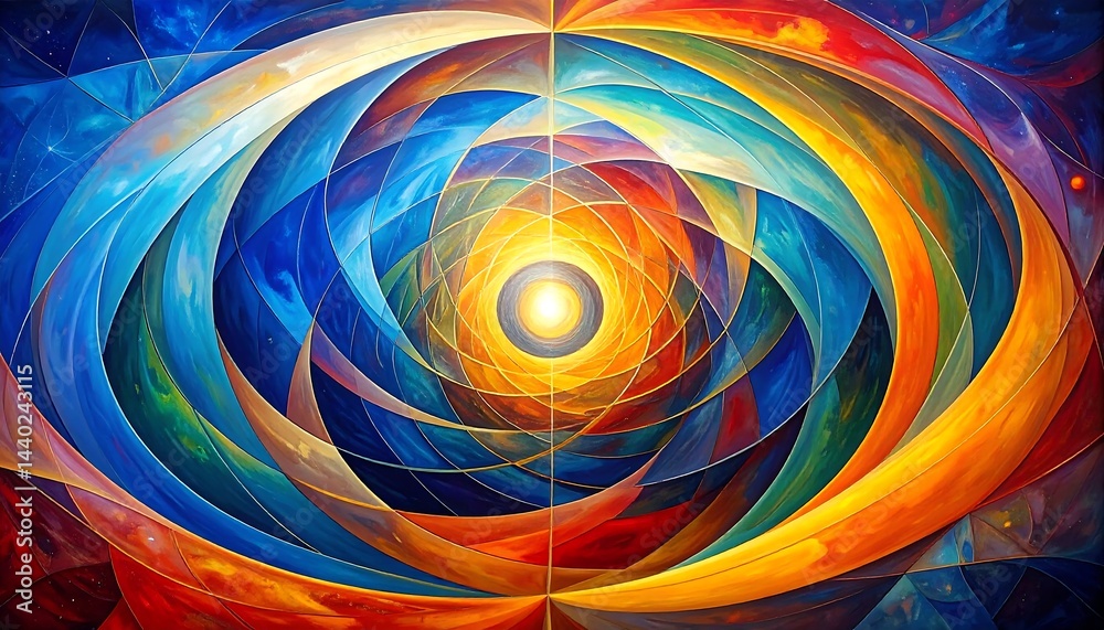 Fototapeta premium Vibrant Abstract Geometric Artwork with Swirling Colors and Radiant Light at the Center of the Composition