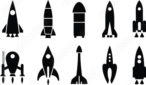 Minimalist Spacecraft Silhouettes Retro Rockets & Futuristic Ships in Black and White