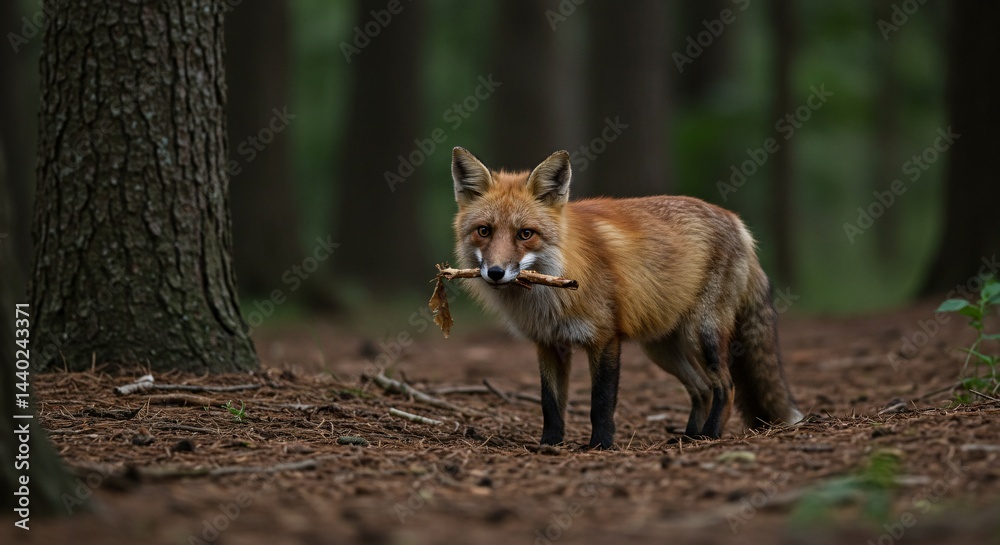Fototapeta premium A red fox standing in a forest with a stick in its mouth looking towards the camera lens calmly