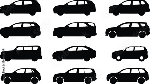 Monochrome SUV & Minivan Silhouettes Minimalist Side View Car Icons Collection