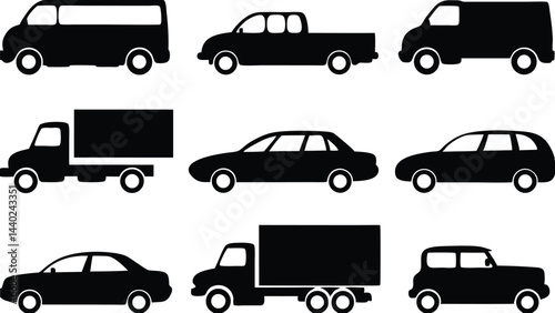 Minimalist Vehicle Silhouettes: Vector Icons of Cars, Trucks, and Vans in Monochrome