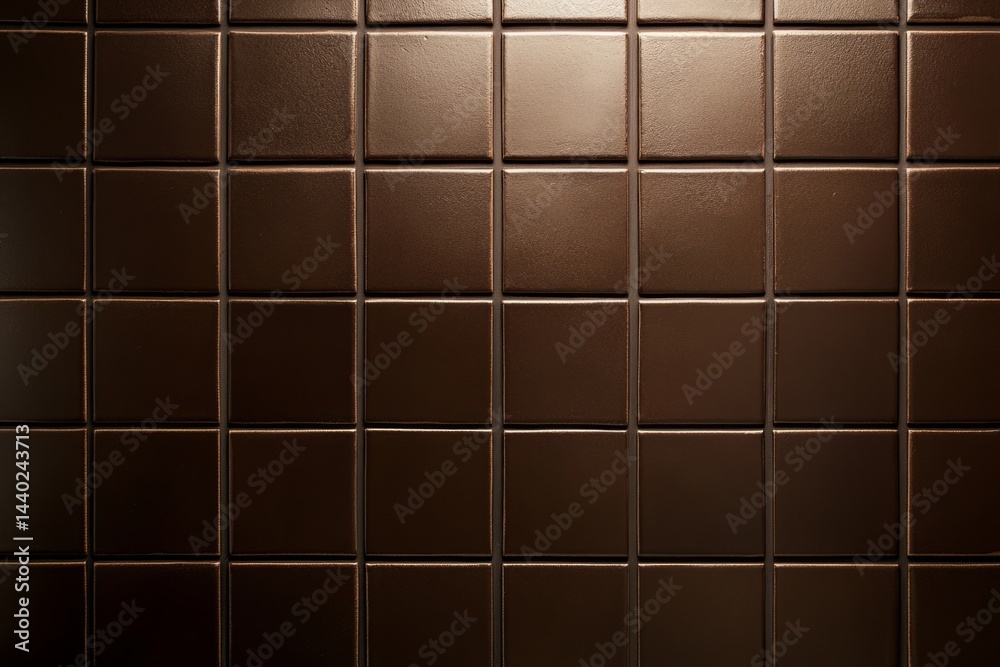 Shiny brown square tiles form a textured wall, creating a backdrop with depth and visual interest Shiny brown square tiles form a textured wall, creating a backdrop with depth and visual interest