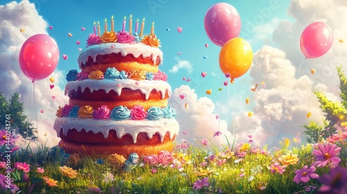 Enchanting birthday celebration with a tiered cake and pastel balloons in nature