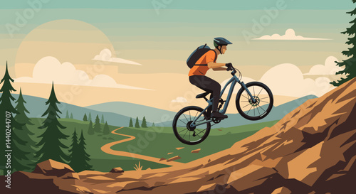 Mountain biker performing a jump over rocky terrain in nature, Suitable for the posters of cycles, application design, advertising sport of goods  