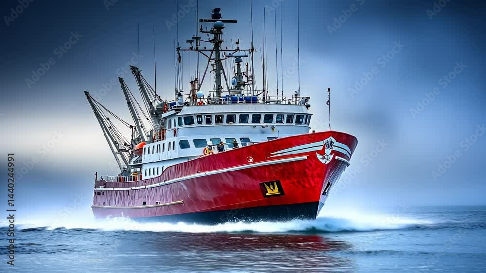 Vibrant Red Fishing Vessel Navigating Through Misty Waters Vibrant Red Fishing Vessel Navigating Through Misty Waters