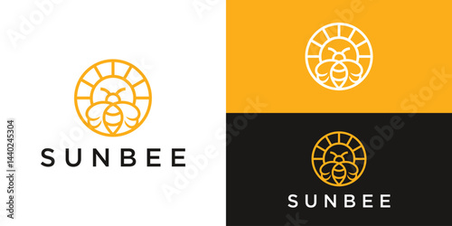 Creative simple sun bee logo template. Abstract sun and bee with line art style logo design vector illustration.