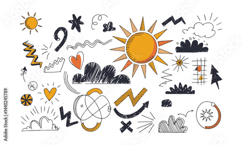 Vector illustration with a collection of playful hand-drawn abstract shapes, easily editable.