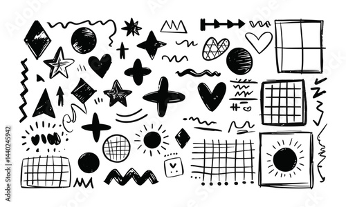 Vector illustration with a collection of playful hand-drawn abstract shapes, easily editable.