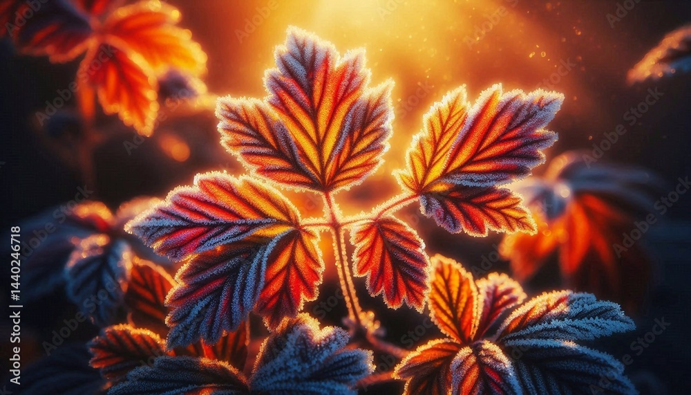 Frosted leaves in bright autumn colours, illuminated by the morning sun. Close-up. Frosted leaves in bright autumn colours, illuminated by the morning sun. Close-up.