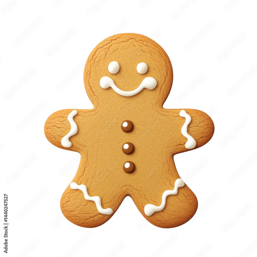 Gingerbread man cookie with smiling face, decorated with icing and chocolate buttons, evokes festive spirit Gingerbread man cookie with smiling face, decorated with icing and chocolate buttons, evokes festive spirit