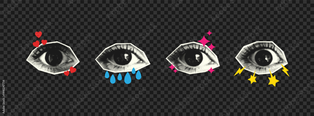 Fototapeta premium Collage halftone eyes set with different emotions. Paper cut female eyes with shocked look and lightning bolts, in love with hearts, crying with tears and cute with sparkle stars. Vector.