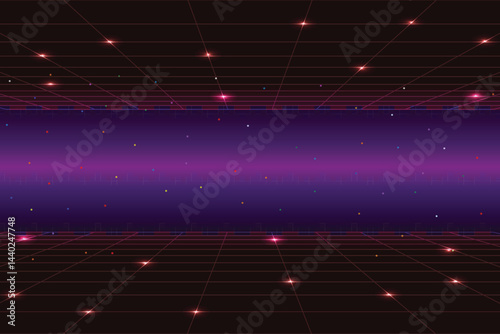 Retro cyberpunk pixel art game scene from the 80s. Dark pink 8-bit sci-fi background. Glowing neon grid and stars from a vintage arcade computer game.