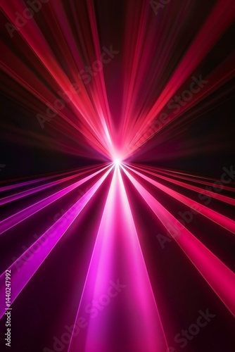 Colorful laser beams converge at a point, creating a vibrant display of light and energy in a dark environment during an entertainment event