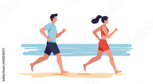 Active couple jogging on the beach against a serene ocean backdrop  