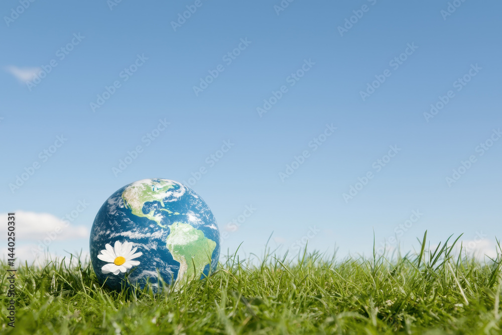 Earth globe resting on grassy field under bright blue sky, adorned with white daisy, symbolizes nature and environmental awareness. This serene scene evokes feelings of peace and harmony Earth globe resting on grassy field under bright blue sky, adorned with white daisy, symbolizes nature and environmental awareness. This serene scene evokes feelings of peace and harmony