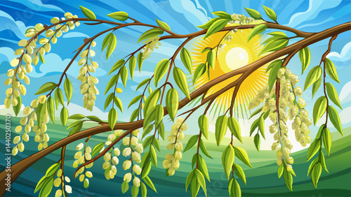 Very beautiful flowering branch of willow on a background of the sunny sky