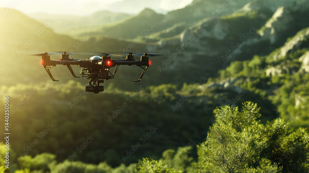 Fototapeta premium Drone soars above sunlit valley