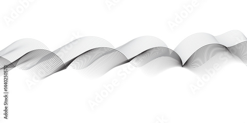 "Create a vector illustration of a black and white twisted ribbon-like wave. The design should feature smooth, overlapping transparent layers with a slight 3D effect. The background must be plain whit
