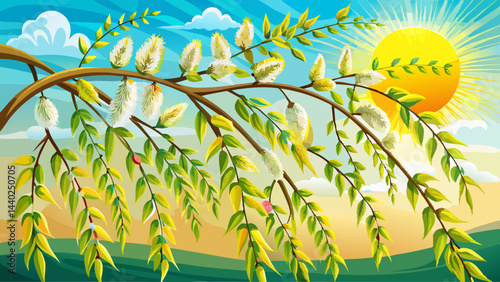 Very beautiful flowering branch of willow on a background of the sunny sky