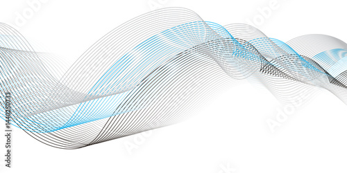 Create an abstract digital artwork featuring a flowing ribbon-like wave with smooth gradients of blue and gray tones. The wave should have a 3D illusion with soft shadows and a sense of motion, 