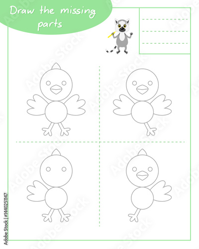 Draw the missing parts according to the example lesson with lemur