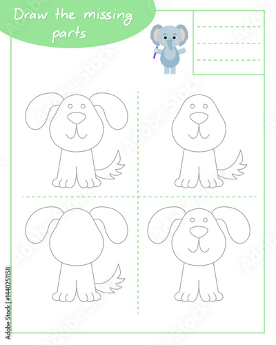 Draw the missing parts according to the example lesson with elephant