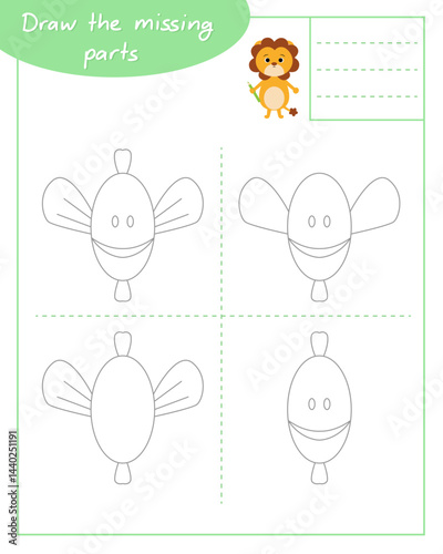 Draw the missing parts according to the example lesson with lion