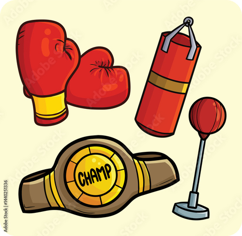 Funny boxing theme items cartoon illustration set
