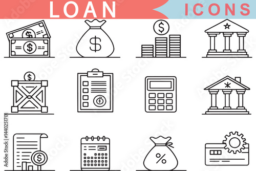 Loan and Credit Line Icons Collection  Money, Banking, Leasing, Interest, Calculator, Business, Editable Stroke

