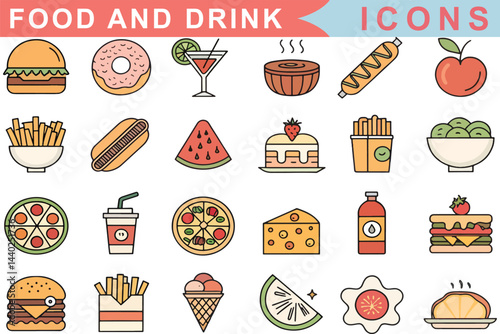 Food and Drink Line Icons Collection  Restaurant, Meat, Fruits, Vegetables, Desserts, Drinks, Fast Food, Editable Stroke

