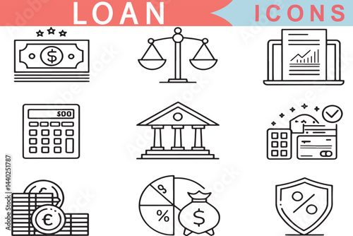 Loan Finance Icons Set in Line Style   Credit Rating, Income, Business, Leasing, Money, Interest, Banking Symbols

