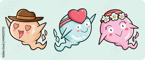 Kawaii and funny rounded ghost cartoon illustration set