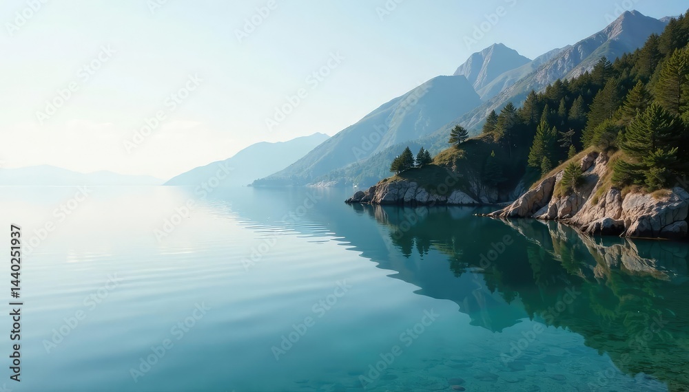 Fototapeta premium Distinctive shoreline, irregular shape mirrored in calm water, shape, irregular, water