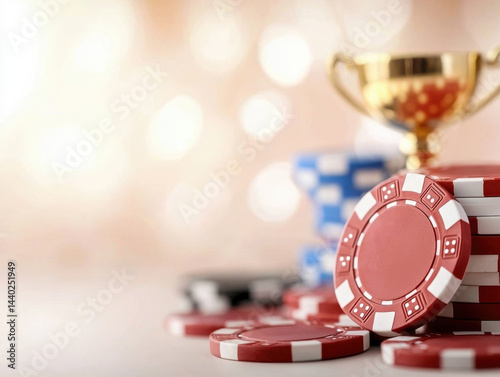 Red and blue poker chips stacked with shiny gold trophy in background, creating festive atmosphere perfect for casino championship. scene evokes excitement and competition