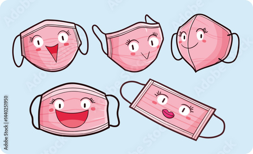 Cute and funny pink face mask cartoon illustration set