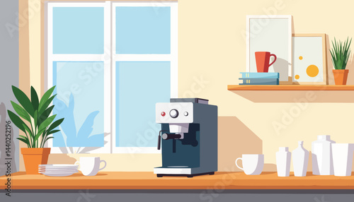 Modern coffee machine in cozy break room with geometric window, relaxation