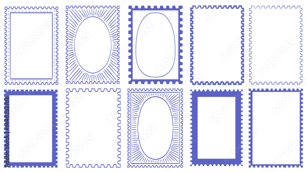 Fototapeta premium Stamp inspired frames for greeting cards, wedding and birthday party, picnic invitations in italian or greek marine sea coastal style. Hand drawn ornament borders for social media decoration template.