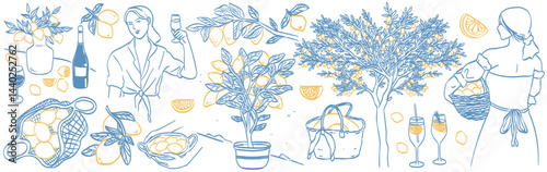 Italian amalfi sicily style vacation hand drawn vector illustrations in ink line doodle sketch style. Lemon tree, woman holding basket on vacation charcoal style drawings for poster, placard or print.