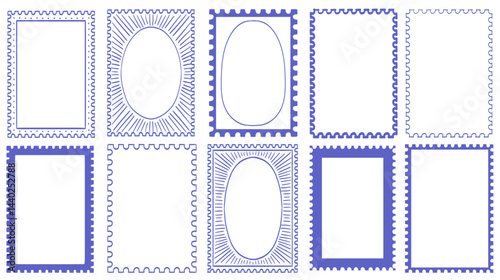 Stamp inspired frames for greeting cards, wedding and birthday party, picnic invitations in italian or greek marine sea coastal style. Hand drawn ornament borders for social media decoration template.