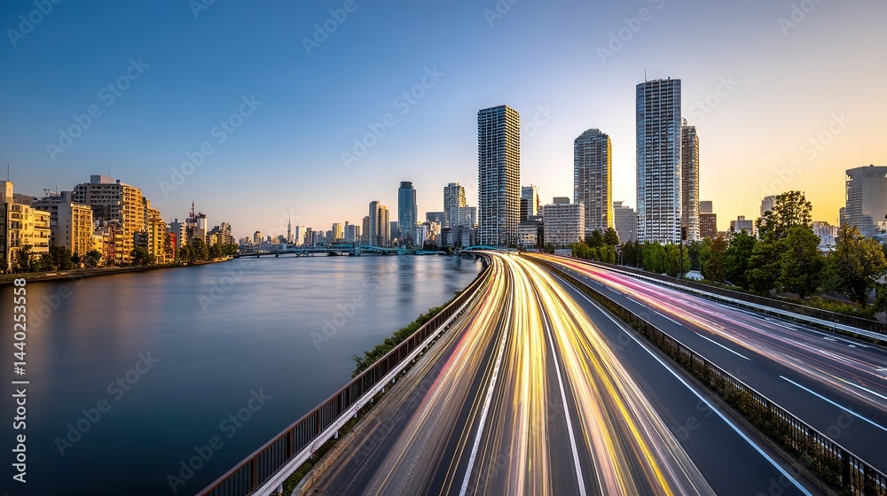 Obraz premium Digital Cityscape of Tokyo with River and Bridge, Long Exposure Car Light Streaks, Modern Urban Architecture along Chiyoda River at Sunset, Aerial View with Blue Gradient Theme