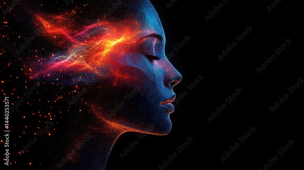 Woman's profile with colorful abstract energy emanating from her head against black background. Woman's profile with colorful abstract energy emanating from her head against black background.