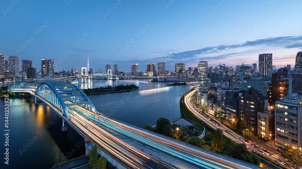 Naklejka premium Digital Cityscape of Tokyo with River and Bridge, Long Exposure Car Light Streaks, Modern Urban Architecture along Chiyoda River at Sunset, Aerial View with Blue Gradient Theme