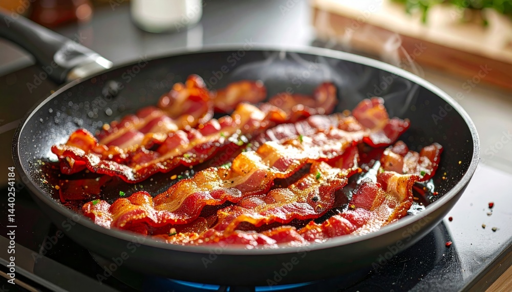 Crispy Brown Bacon Strips Frying in a Pan Crispy Brown Bacon Strips Frying in a Pan